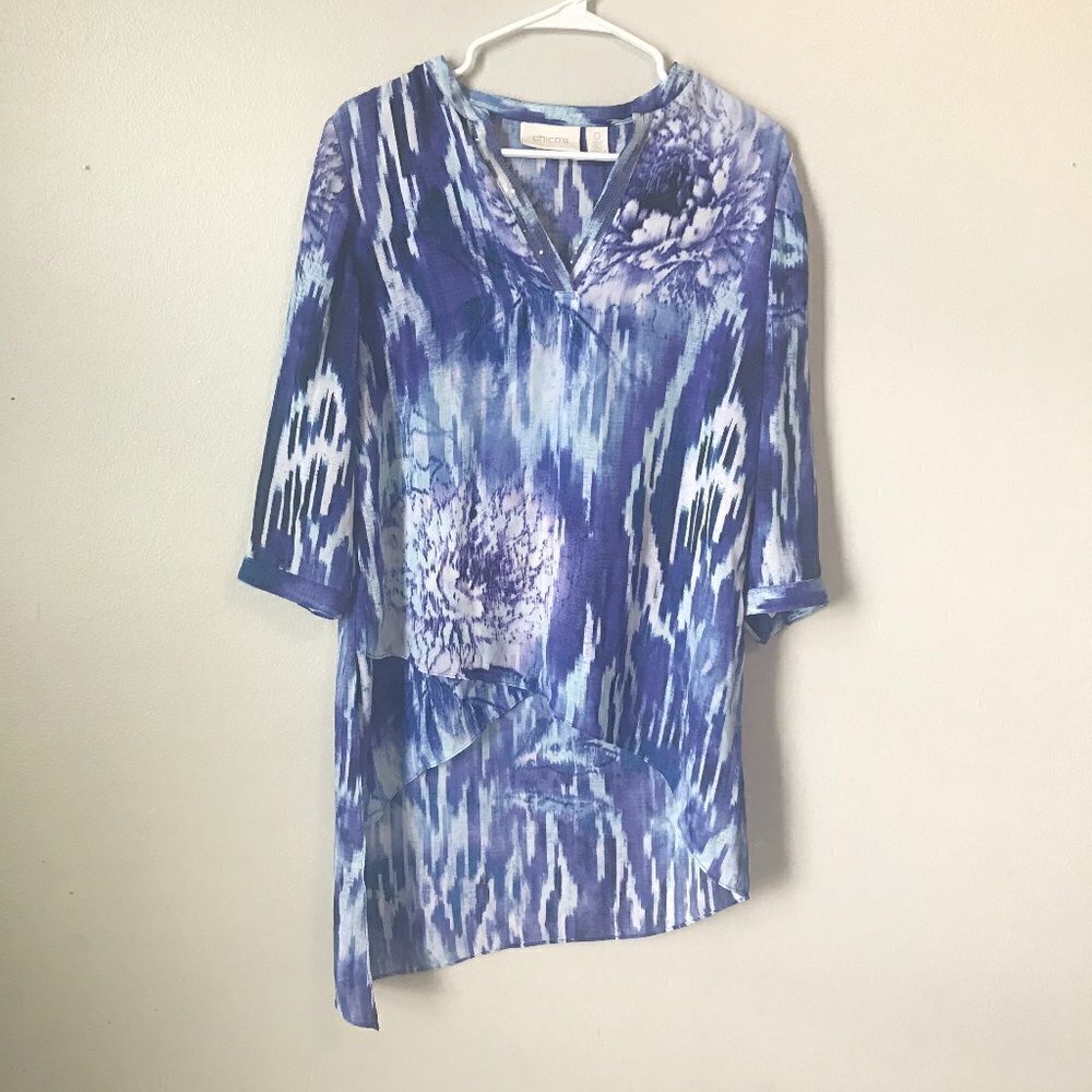 CHICO'S Blue Printed 3/4 Sleeve Lightweight Sequin Split Neck High Low Top S/4